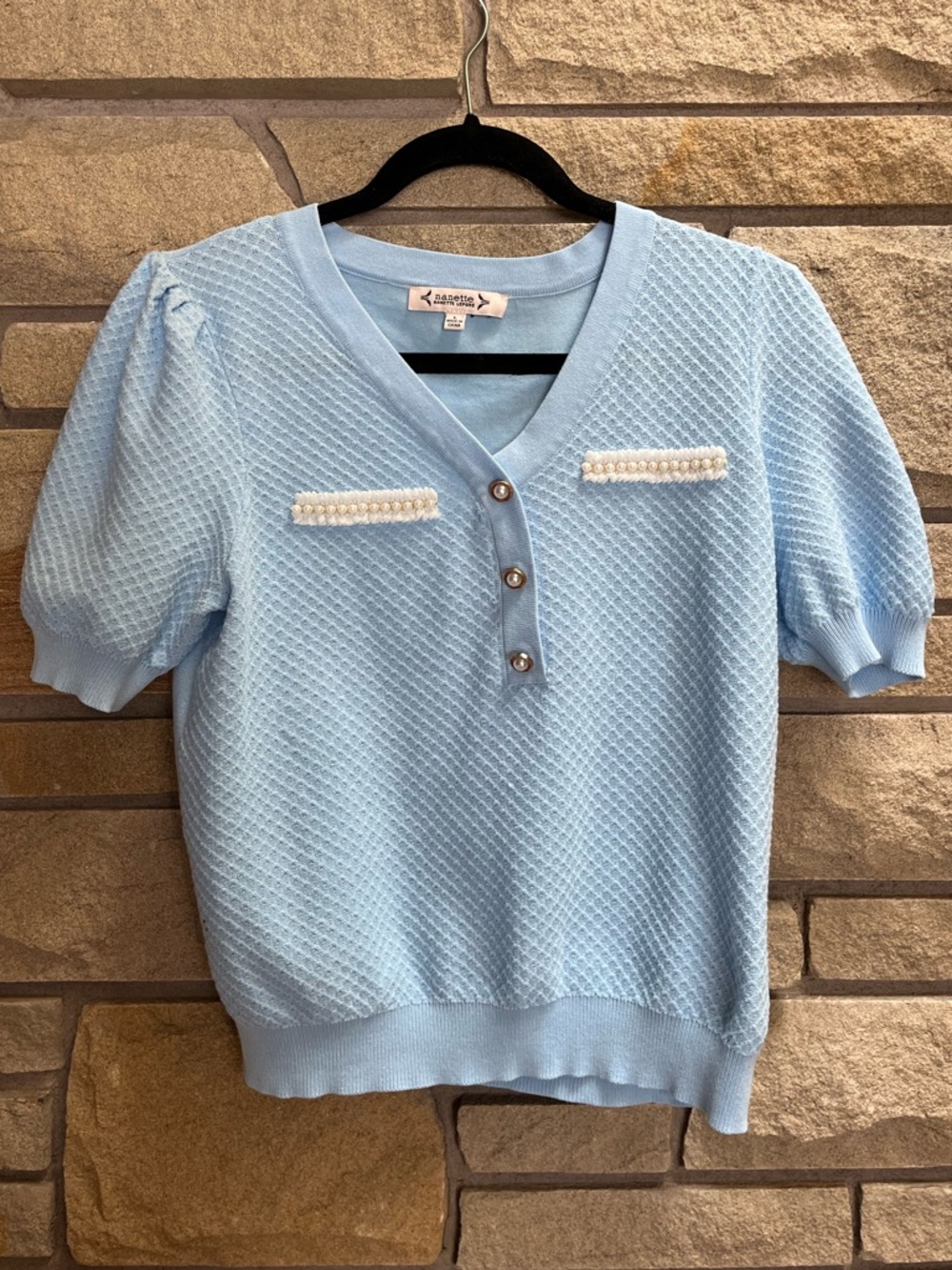 Nanette Lenore Light Blue Textured Knit Top with Pearl Trim size large NWT